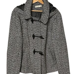 Romy Black and White Herringbone Hooded Toggle Closure Pea Coat Size XL